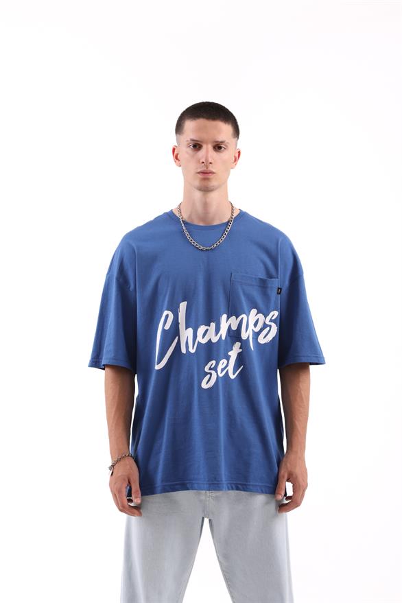 Champs Set Baskılı Mavi Oversize Tshirt