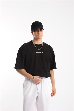 Chasing The Way Nakışlı Siyah Oversize Tshirt