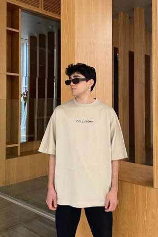 Chest Logo Flame Printed Beige Oversize Tshirt