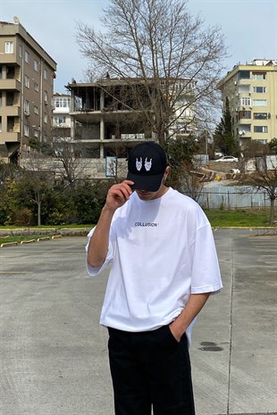 Chest Logo Flame Printed Beyaz Oversize Tshirt