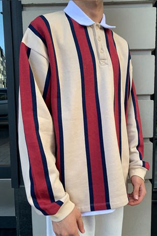 ÇİZGİLİ POLO YAKA SWEATSHIRT