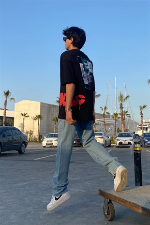 Collage Yan Baskı Detaylı Siyah Oversize Tshirt