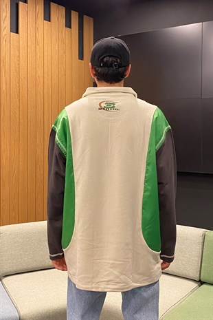 Color Block Semi Zip-up Yeşil Oversize Sweatshirt