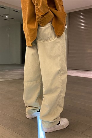 Cream Fitilli Kadife Basic Losse Fit Pant