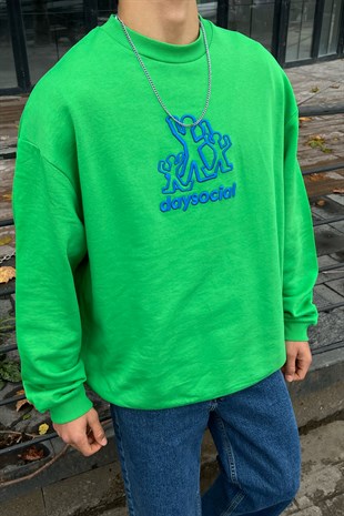 Day Social Nakışlı Yeşil Oversize Sweatshirt