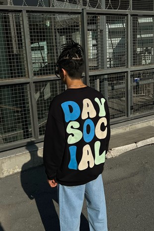 Day Social Sırt Baskılı Siyah Oversize Sweatshirt