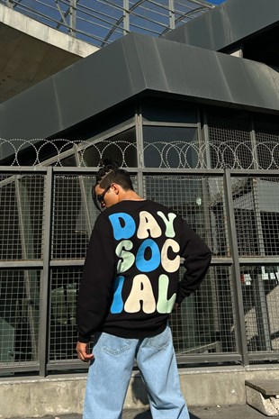 Day Social Sırt Baskılı Siyah Oversize Sweatshirt