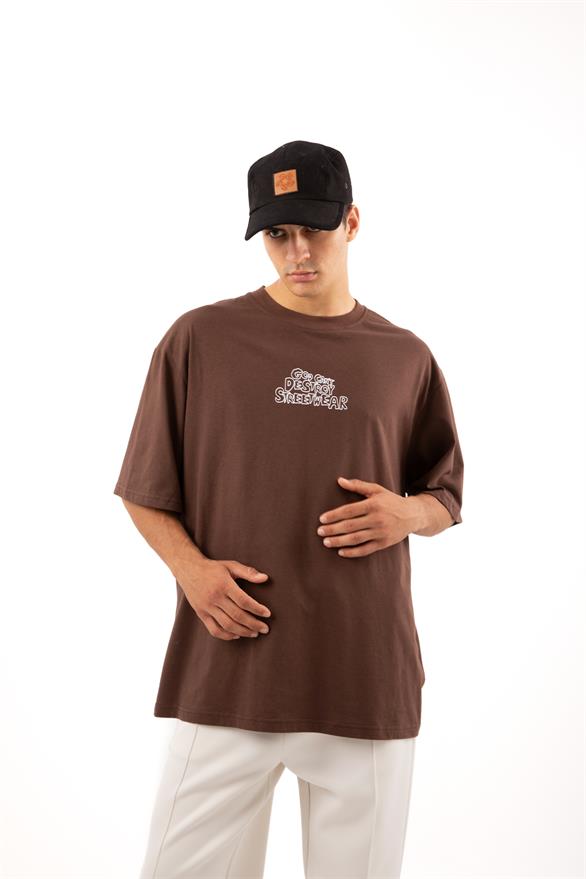 Destroy Streetwear Baskılı Kahverengi Oversize Tişört