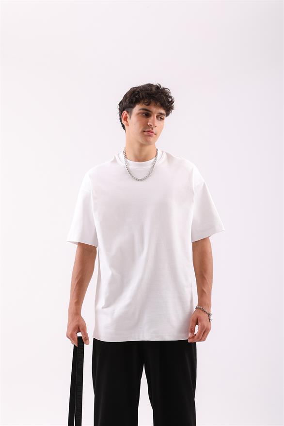 Dikiş Detaylı Beyaz Oversize Tişört