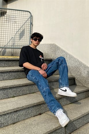 Dikiş Detaylı Mavi Baggy Jean