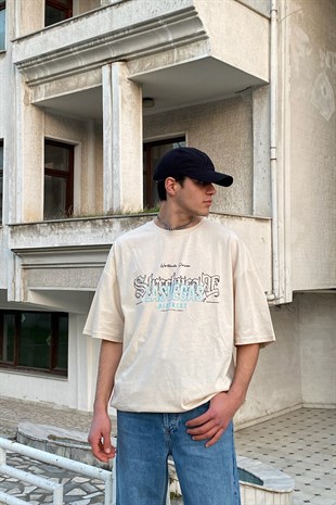District Country Printed Oversize Cream Tshirt