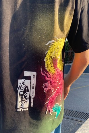 Dragon Mixed Colour Printed Oversize SiyahTshirt