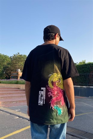Dragon Mixed Colour Printed Oversize SiyahTshirt