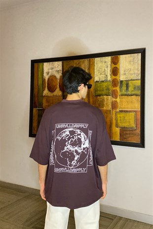 Earth Back Printed Oversize Kahverengi Tshirt