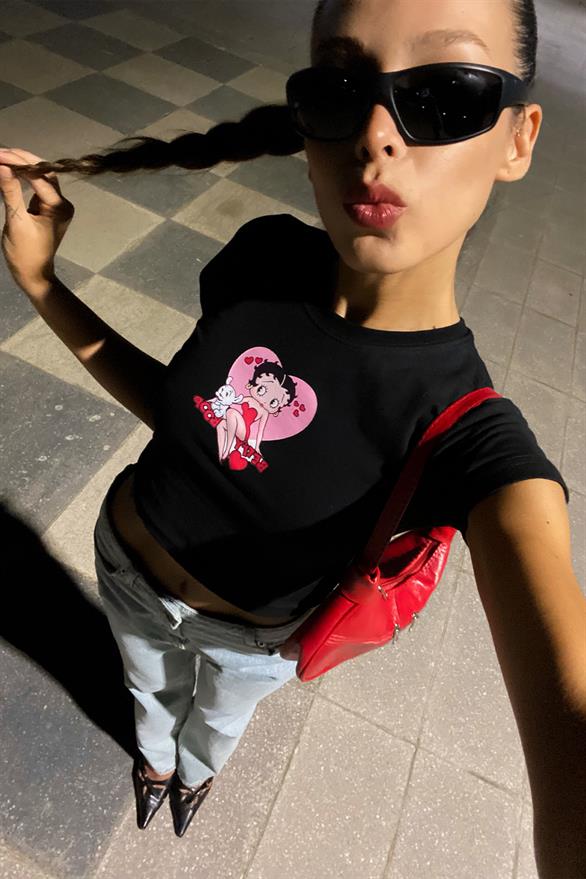 Flaw Atelier Belly Heart Baskılı Siyah Crop