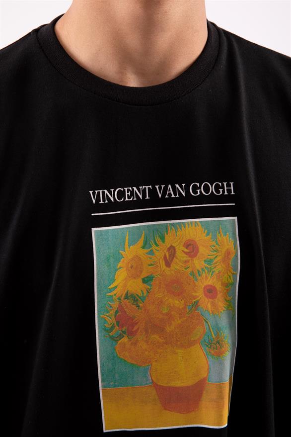 Flower Printed Siyah Oversize Tshirt