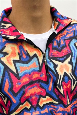 Geometric Pattern Colorful Hal-Zip Sweatshirt