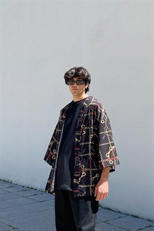 Gold Chain Baskılı Siyah Oversize Kimono