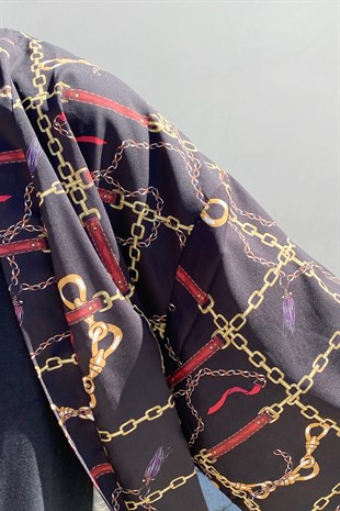 Gold Chain Baskılı Siyah Oversize Kimono