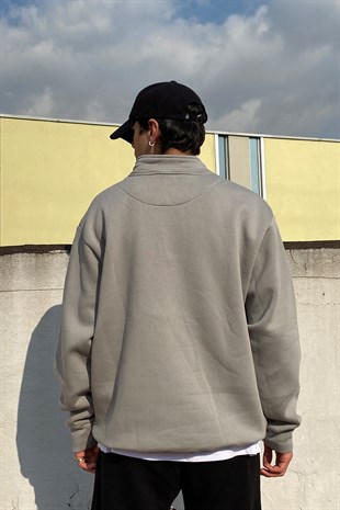 Gray Overisze Semi Zip-Up Basic Sweatshirt