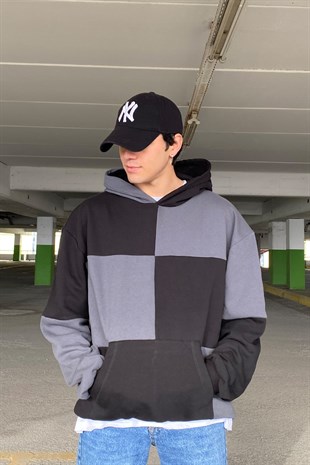 Gri Siyah Color Block Oversize Hoodie