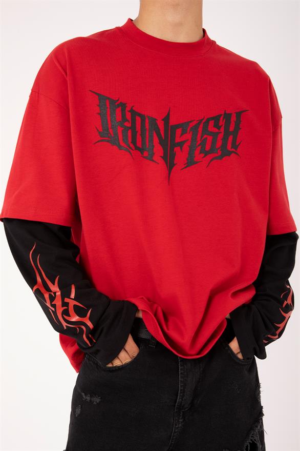 Iron Fish Baskılı Kırmızı Oversize Long Sleeve Tişört