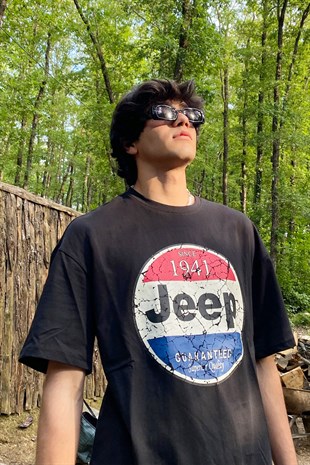 Jeep Baskılı Siyah Oversize Tshirt