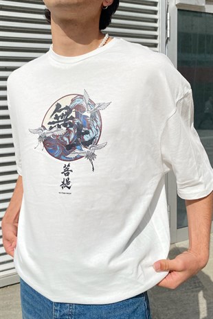 Kanagawa Wawe Baskılı Ekru Oversize Tshirt