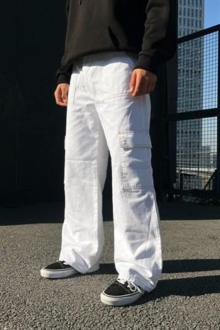 Kargo Cepli Beyaz Baggy Jean