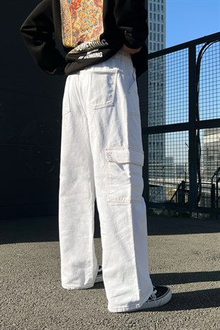Kargo Cepli Beyaz Baggy Jean
