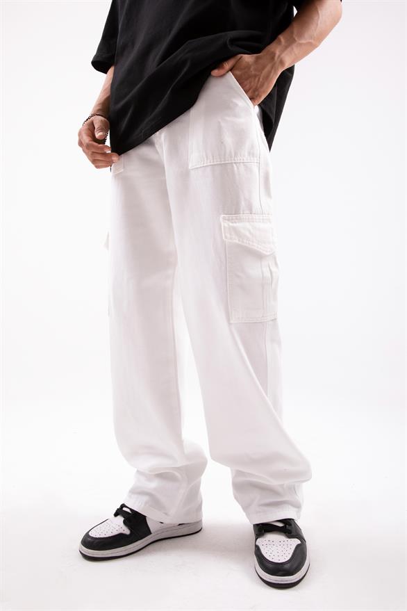 Kargo Cepli Beyaz Baggy Pantolon