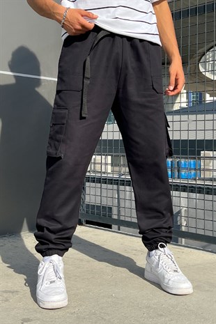 Kargo Cepli Siyah Jogger Pantolon - Flaw Wears