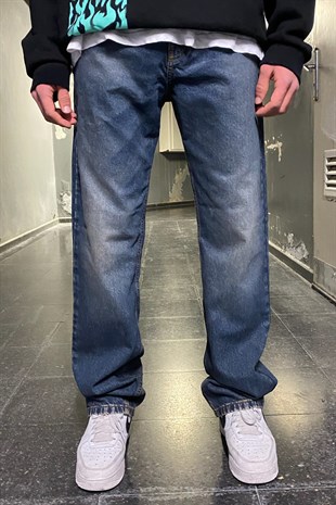 Kum Taşlamalı Navy Blue Baggy Fit Jean