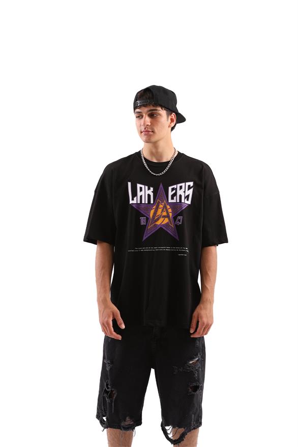 Lakers Siyah Taş İşlemeli Baskılı Oversize Tişört