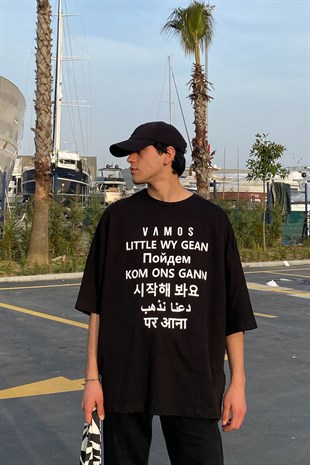 Languages Baskılı Oversize Siyah Tshirt
