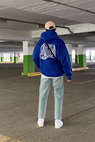 Life is a Challange Blue Oversize Printed Hoodie