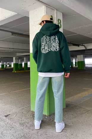 Life is a Challange Green Oversize Printed Hoodie