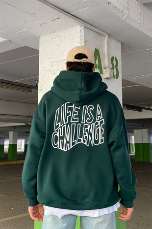 Life is a Challange Green Oversize Printed Hoodie