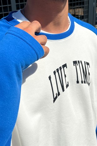 Live Time Baskılı Saks Mavisi Oversize Sweatshirt