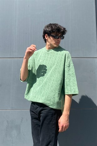 Lock Glyph Desenli Yeşil Oversize Tshirt