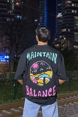 Maintain Balance Siyah Printed Oversize Tshirt