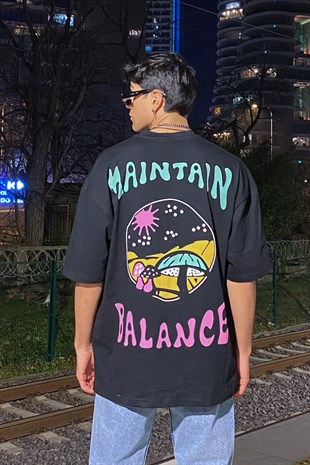 Maintain Balance Siyah Printed Oversize Tshirt