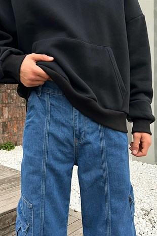 Mini Cep Detay Mavi Baggy Pantolon
