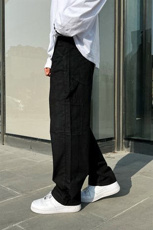 Mini Cep Detaylı Siyah Baggy Pantolon