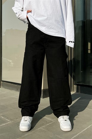 Mini Cep Detaylı Siyah Baggy Pantolon