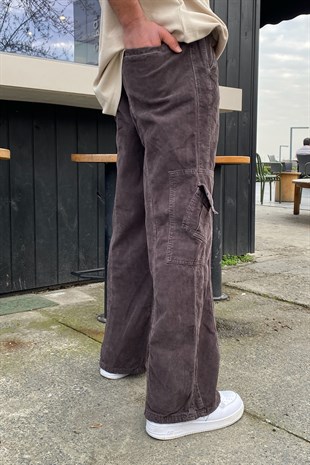 Mini Cep Fitilii Kadife Baggy Fit Dark Brown Pants