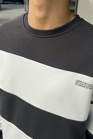 Mini Text Çizgili Füme Oversize Sweatshirt