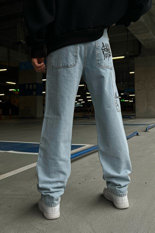 Mini Text Printed Buz Mavi Regular Fit Jean