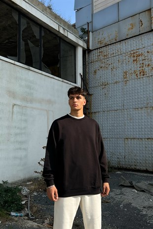 Minimal Text Nakışlı Siyah Oversize Sweatshirt