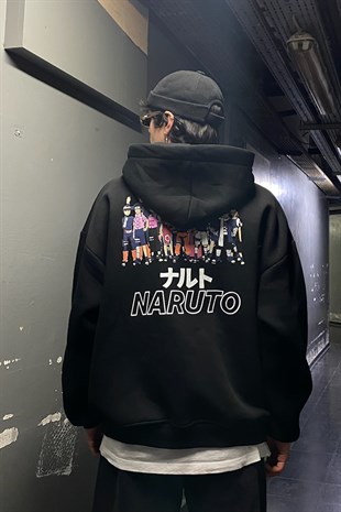 Naruto Printed Oversize Siyah Hoodie